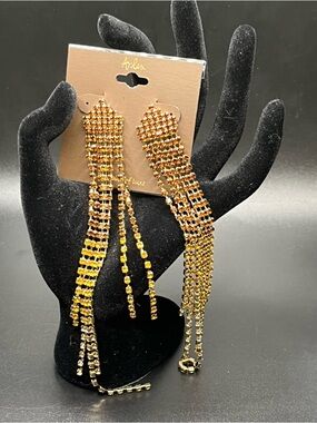 Long rhinestone fringe statement earrings gold tone amber sparkle NWT